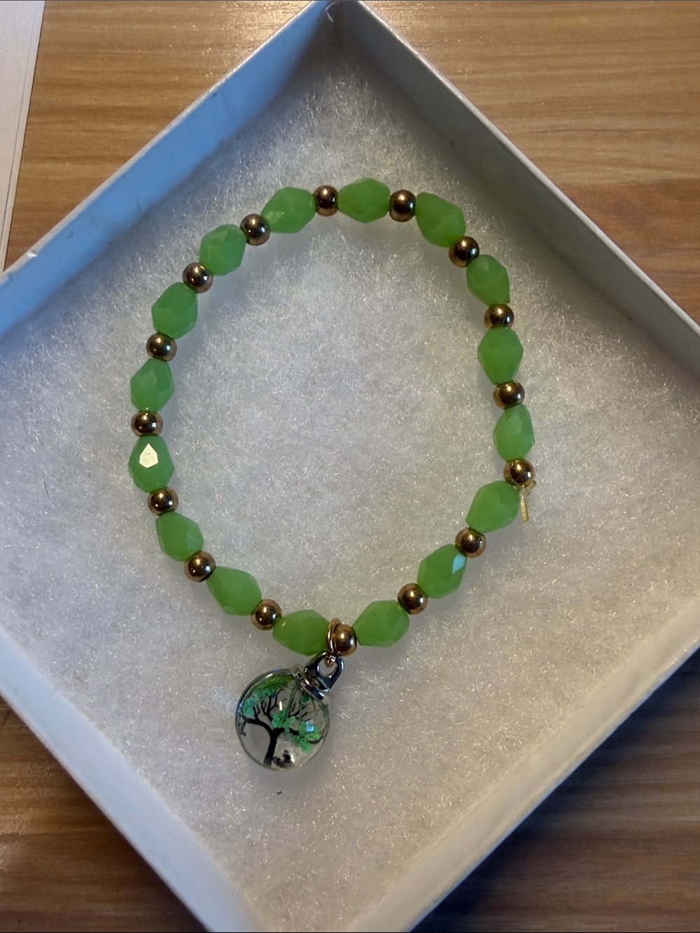 Green Beaded Stretch Bracelet with Tree Charm - Women's Jewelry